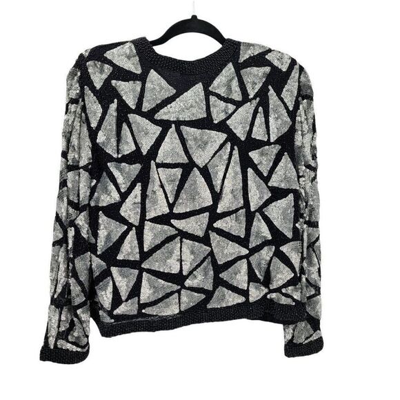 Vtg 80's Sweelo Silk Geometric Black Silver Metallic Sequin Beaded Blazer Sz M - Picture 1 of 12